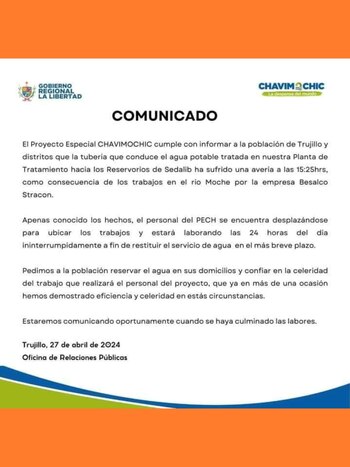 Comunicado del Proyecto Especial Chavimochic