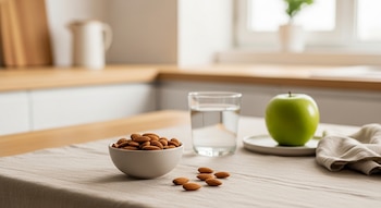 Un bowl blanco con almendras, un vaso de agua, una manzana verde en un plato pequeño y un paño de lino sobre un mantel beige, con fondo de cocina.