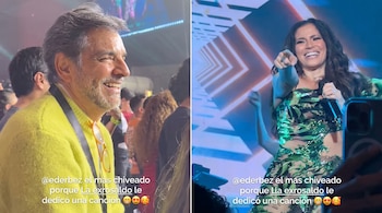 Pantalla dividida con Eugenio Derbez a la izquierda, sonriendo, y Lía Exrosaldo en escenario a la derecha, apuntando y con micrófono.