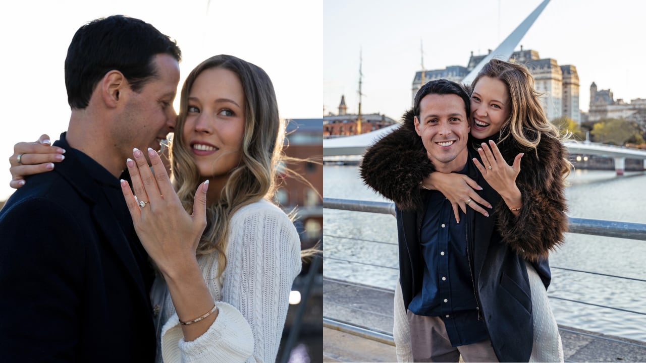 Micaela Bebin y Tiago del Río posan junto al puente de la Mujer en Buenos Aires tras anunciar su compromiso matrimonial. (Instagram Mica Bebin)