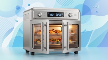 Freidora de aire de acero inoxidable con puertas abiertas que contiene dos bandejas con alimentos sobre un fondo geométrico celeste.