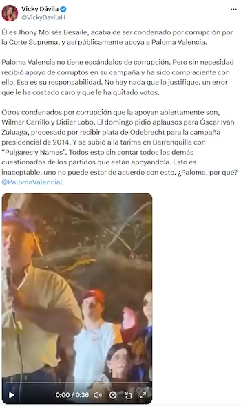 Vicky Dávila advirtió sobre impacto ético de los apoyos en la campaña de Paloma Valencia - crédito @VickyDavilaH/X