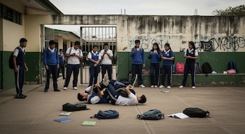 Adolescentes en uniforme azul y blanco en patio de escuela pública nicaragüense. Dos forcejean en el suelo, otros observan o graban con celulares.
