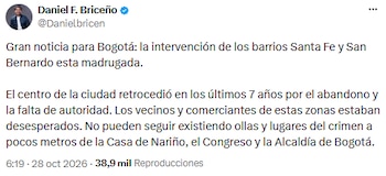 Daniel Briceño celebró una presunta intervención en Santa Fe y San Bernardo - crédito @Danielbricen/X