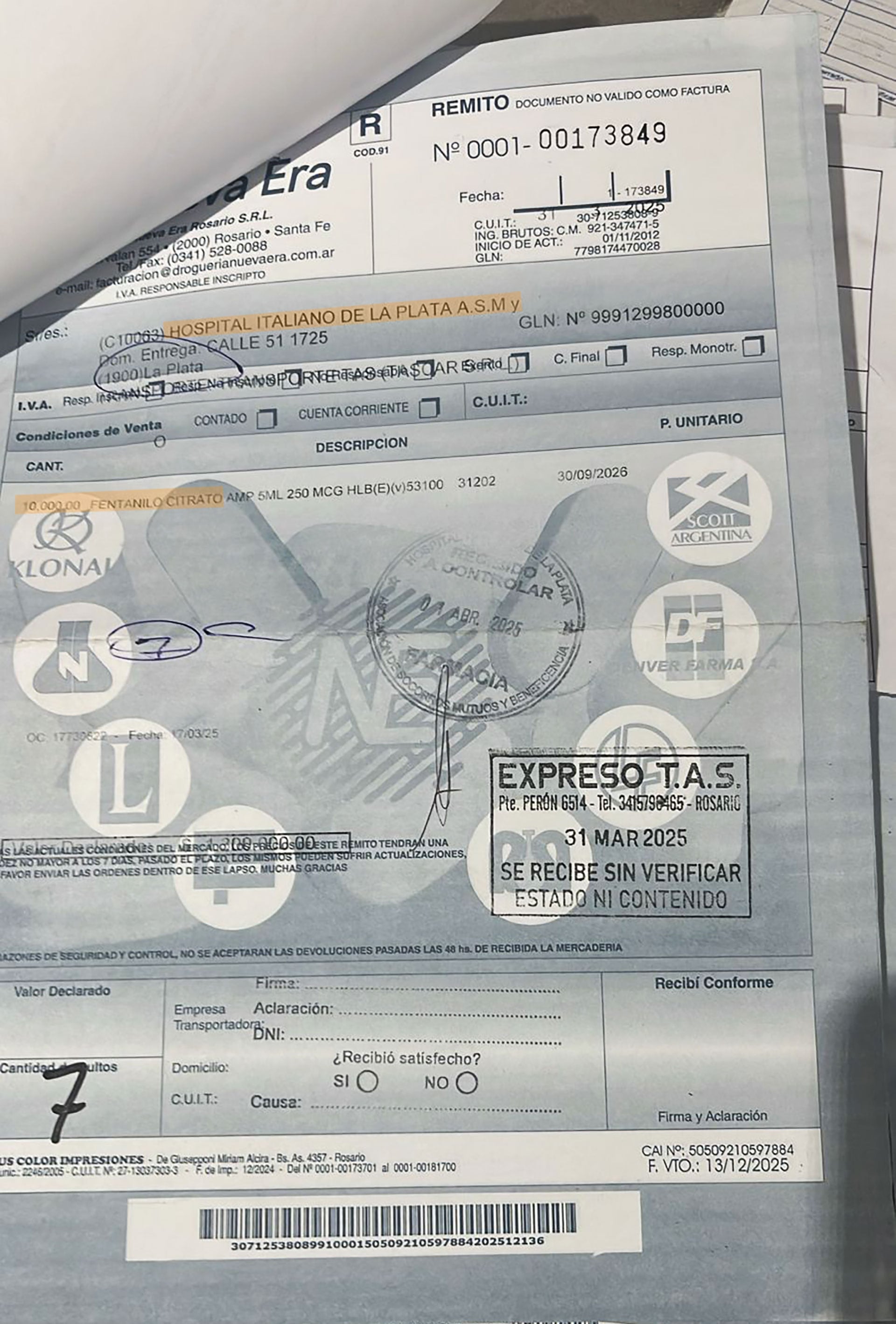 El remito que acredita la compra de 10.000 unidades de la partida que resulto contaminada del fentanilo por parte del Hospital Italiano a la droguería Nueva Era