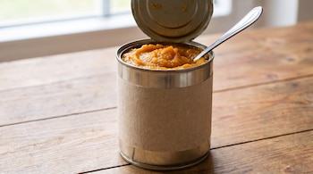 Una lata metálica abierta de puré de calabaza naranja con una cuchara de plata dentro, sobre una mesa de madera rústica frente a una ventana.