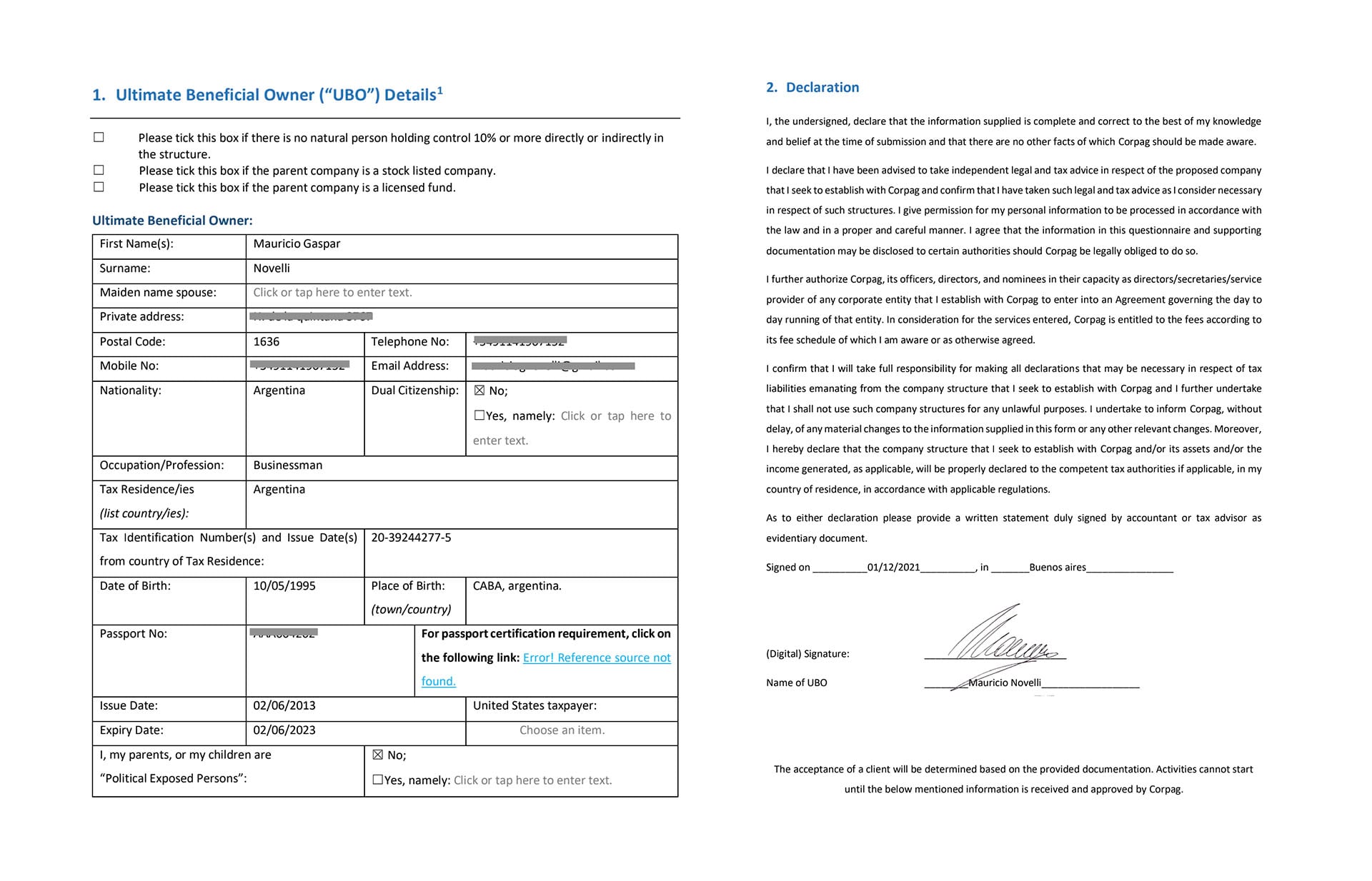 Formulario de apertura de una sociedad en BVI firmado por Novelli