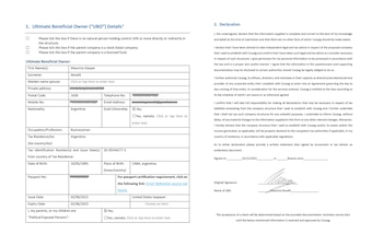 Documento oficial blanco con secciones de Detalles del Propietario Beneficiario Final y una Declaración, incluyendo datos de Mauricio Novelli y su firma