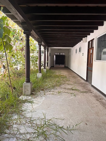 Pasillo exterior cubierto con columnas de madera y techo oscuro. Pared blanca a la derecha, follaje verde a la izquierda. Hierba crece en el suelo de hormigón
