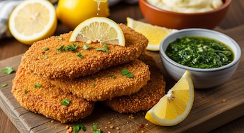 Una pila de milanesas de tofu empanadas, decoradas con rodajas de limón y perejil, junto a un tazón de salsa verde y otro con puré de patatas.