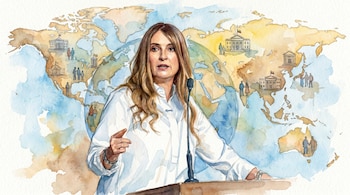 Ilustración acuarela de Paloma Valencia hablando en un podio. Detrás, un mapamundi con edificios de consulados y pequeñas figuras humanas.