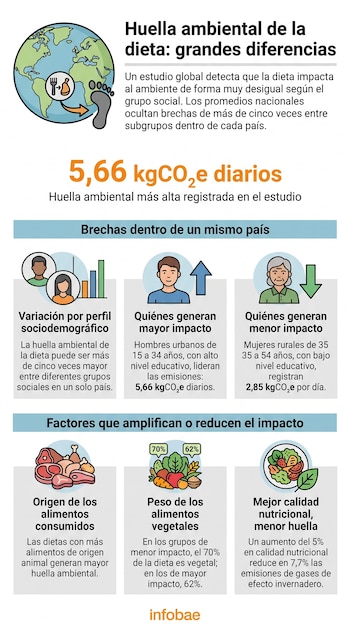 Infografía con título "Huella ambiental de la dieta: grandes diferencias", globo terráqueo, íconos de personas, gráficos, imágenes de alimentos y valores de emisiones.