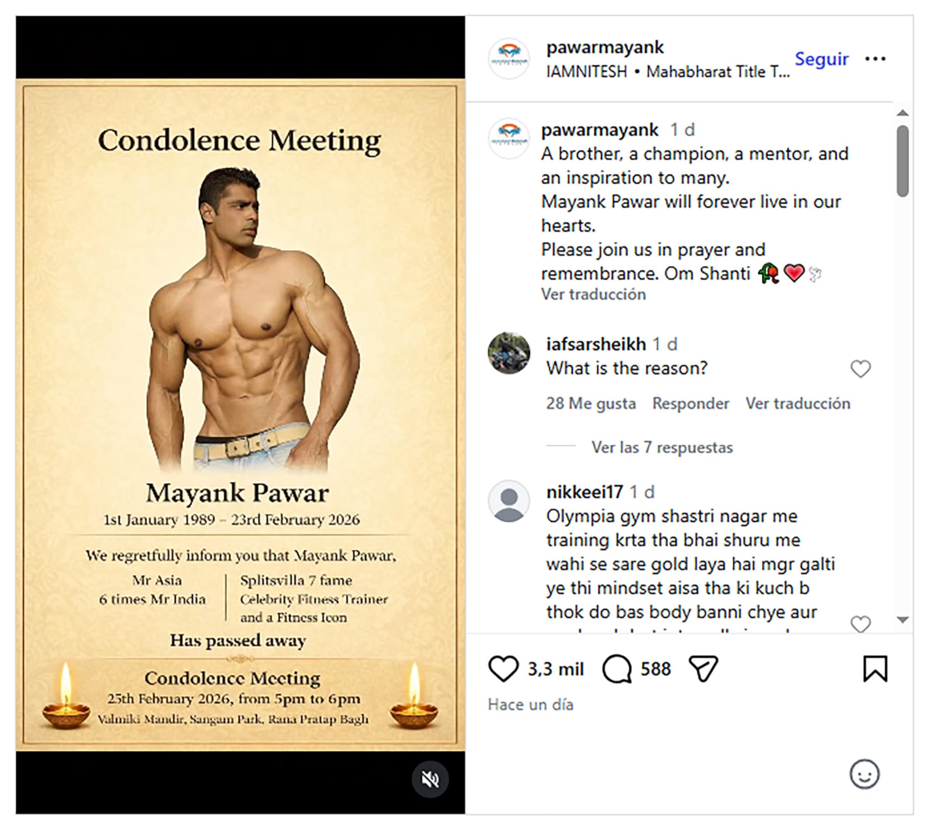 Se anuncia la muerte de Mayank Pawar, célebre fisicoculturista indio, a los 37 años, quien fue Mr. Asia y seis veces Mr. India, y se convoca a una reunión de condolencias.