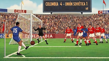 Un jugador de Colombia, número 15, chuta a portería defendida por un arquero y jugadores de la Unión Soviética con camisetas "CCCP". El marcador es 4-1.