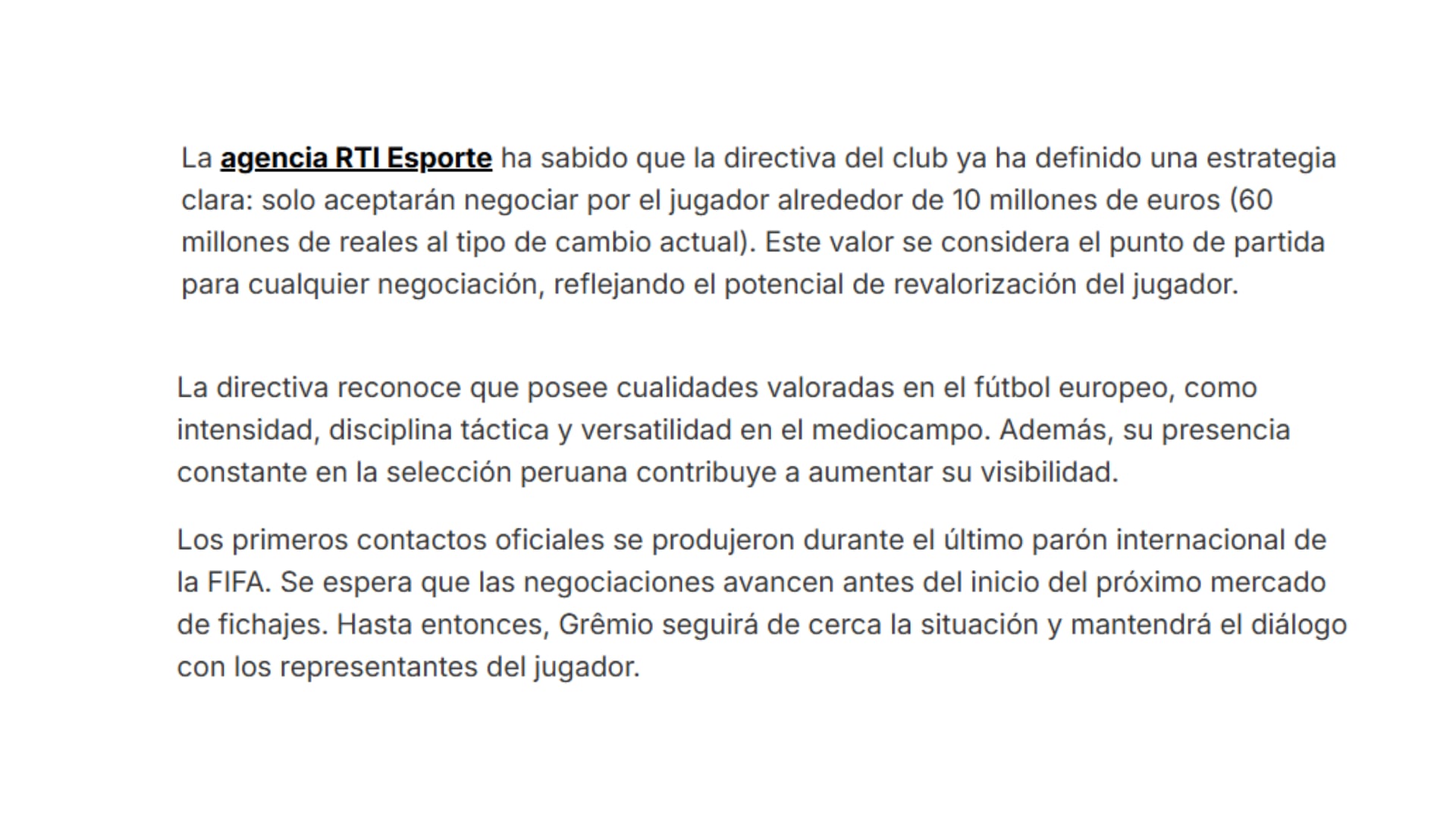 Información de RTI Esporte por el millonario precio que le puso Gremio de Brasil a Erick Noriega.