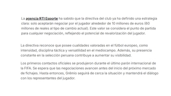 Información de RTI Esporte por el millonario precio que le puso Gremio de Brasil a Erick Noriega.