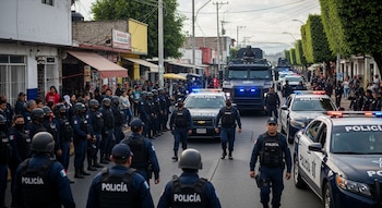 Policías uniformados y equipados en una calle de Iztapalapa con patrullas y un camión blindado. Civiles observan desde las aceras.