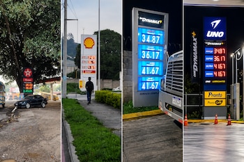 Cuatro fotografías de letreros luminosos con precios de combustibles en estaciones de servicio Texaco, Shell, Dynamax y Uno.