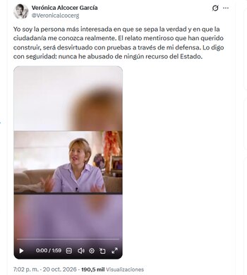 La ex primera dama Verónica Alcocer García negó señalamientos en su contra, en relación con actuaciones ilícitas - crédito @Veronicalcocerg/X