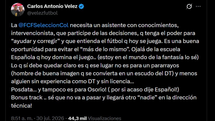 Carlos Antonio Vélez descartó a Juan Carlos Osorio para ser asistente en la selección Colombia - crédito @velezfutbol/X