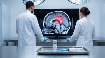 Ampolla con etiqueta Vacuna IDH1, jeringa, bandeja metálica, dos científicos con guardapolvo blanco y guantes azules, pantalla con radiografía cerebral con un recuadro rojo.