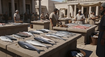 Un mercado en la antigua Grecia con hombres en túnicas exhibiendo diversos pescados frescos sobre mesas de piedra y en cestas, rodeados de edificios con columnas.