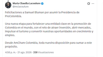 María Claudia Lacouture, presidenta de la Cámara de Comercio Colombo Americana, celebró el nombramiento de Samuel Bluman como director de ProColombia - crédito @mclacouture/X