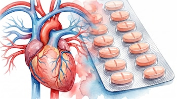 Ilustración acuarelada de un corazón humano anatómico a la izquierda y un blíster con pastillas de estatinas ovaladas a la derecha, sobre fondo blanco.
