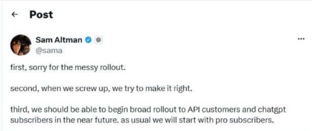 La falta de un calendario claro de OpenAI para habilitar GPT-6 Astra a todos los planes aumentó la frustración entre los suscriptores de ChatGPT. (X: sama)