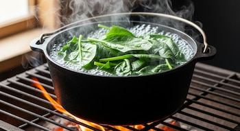 Olla oscura con espinacas verdes hirviendo sobre una parrilla con fuego y humo ascendiendo, con el fondo desenfocado.