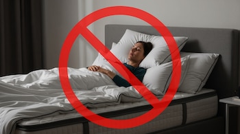 Una mujer duerme en una cama con sábanas y almohadas blancas bajo un gran símbolo rojo de prohibición.