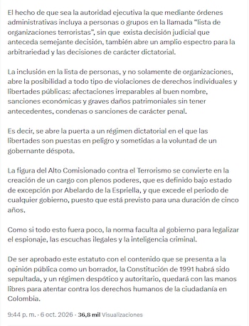 Cepeda también cuestionó que el texto faculte al Gobierno a legalizar prácticas de espionaje, escuchas ilegales e inteligencia criminal - crédito @IvanCepedaCast/X