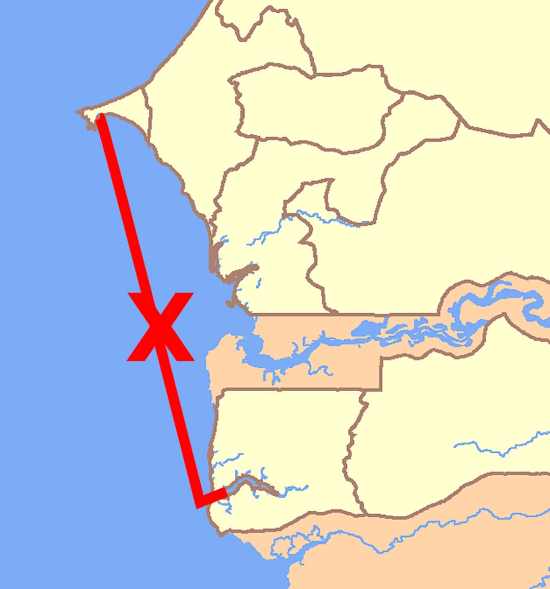 Ruta marítima aproximada entre Dakar y Casamance donde naufragó el transbordador Le Joola en el año 2002 (Wikipedia)
