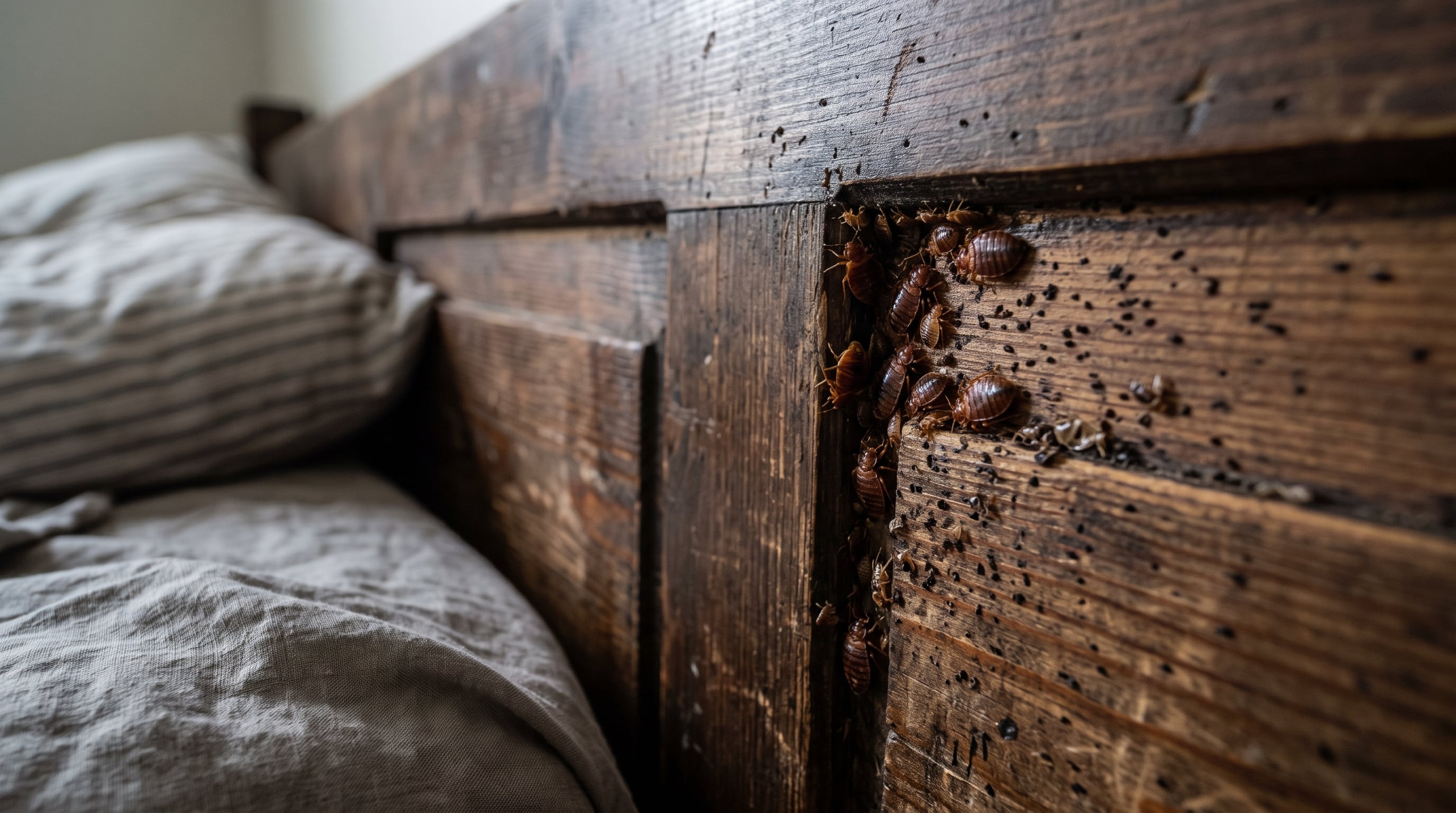 Varias chinches se agrupan en las ranuras de una cabecera de madera junto a la almohada de una cama. (Imagen Ilustrativa Infobae)