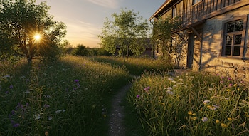 Vista exterior de una casa rústica con un camino de tierra que atraviesa césped alto florecido. El sol brilla a través de un árbol.