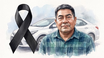 Ilustración en acuarela de Flaviano López, hombre de tez morena y camisa a cuadros, junto a un lazo negro y un automóvil blanco en segundo plano.