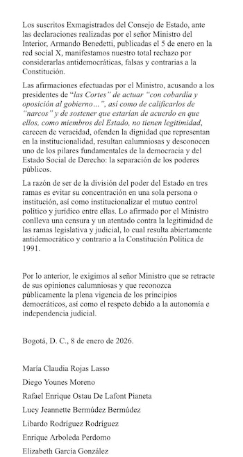 El ministro del Interior llamó cobardes a las instituciones por no otorgar apoyo al presidente de la República, Gustavo Petro, lo que activó las alarmas de los exfuncionarios - crédito X