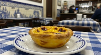 Un pastel de nata dorado con su masa hojaldrada en un plato blanco con borde azul, sobre un mantel a cuadros azules y blancos, en un café con azulejos.