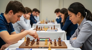 Primer plano de un hombre y una mujer sentados frente a un tablero de ajedrez, con el hombre moviendo una pieza y un reloj de ajedrez visible. Otros jugadores están borrosos al fondo.