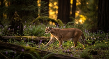 Un puma camina por un bosque con árboles altos, troncos caídos, musgo, flores púrpuras y flores amarillas bajo una luz dorada.