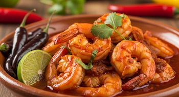 Un plato de barro con camarones cocidos en salsa rojiza, decorado con hojas de cilantro y una rodaja de lima. A la izquierda hay varios chiles oscuros.