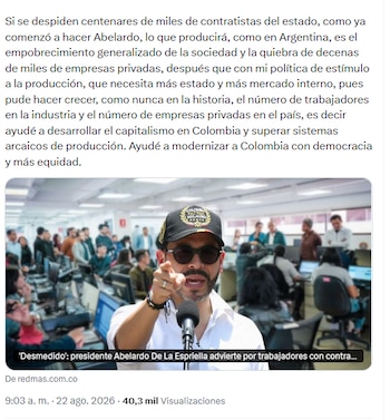 Petro llevó la discusión desde la organización del Estado hacia sus efectos económicos. Advirtió que, si “se despiden centenares de miles de contratistas del Estado” - crédito @petrogustavo/X