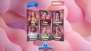 Retratos de seis personas: Flor Vigna, Luis Chaparro, Arantza Ruiz, Masad Altamimi, Memo Schutz, Yanet García. Logos de La Casa de los Famosos México y Nominados.
