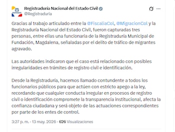 La Registraduría Nacional del Estado Civil informó sobre la captura de tres personas por tráfico de migrantes, entre ellas una funcionaria de la entidad - crédito @Registraduria/X