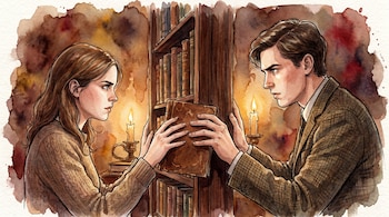 Pintura acuarela de una joven y un hombre alcanzando el mismo libro en una estantería de madera. Sus manos se rozan y se miran intensamente con velas encendidas.