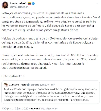 Paola Holguín exigió pruebas a Gustavo Petro y lo acusó de calumnias y corrupción en su gobierno - crédito @PaolaHolguin/X