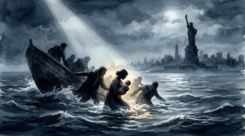 Una embarcación volcada con personas cayendo al agua cerca de la Estatua de la Libertad, una madre sostiene a su bebé. La ciudad de Nueva York se ve al fondo.