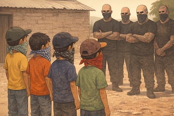 Cuatro niños con gorras y bandanas, de espaldas, observan a cuatro hombres calvos y tatuados, con rostros cubiertos por pañuelos, frente a un edificio de ladrillos.