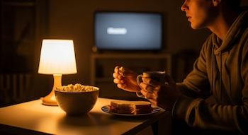 Persona con sudadera come palomitas y bebe. Un sándwich mordido. Lámpara de mesa ilumina la escena con un televisor desenfocado en la oscuridad.