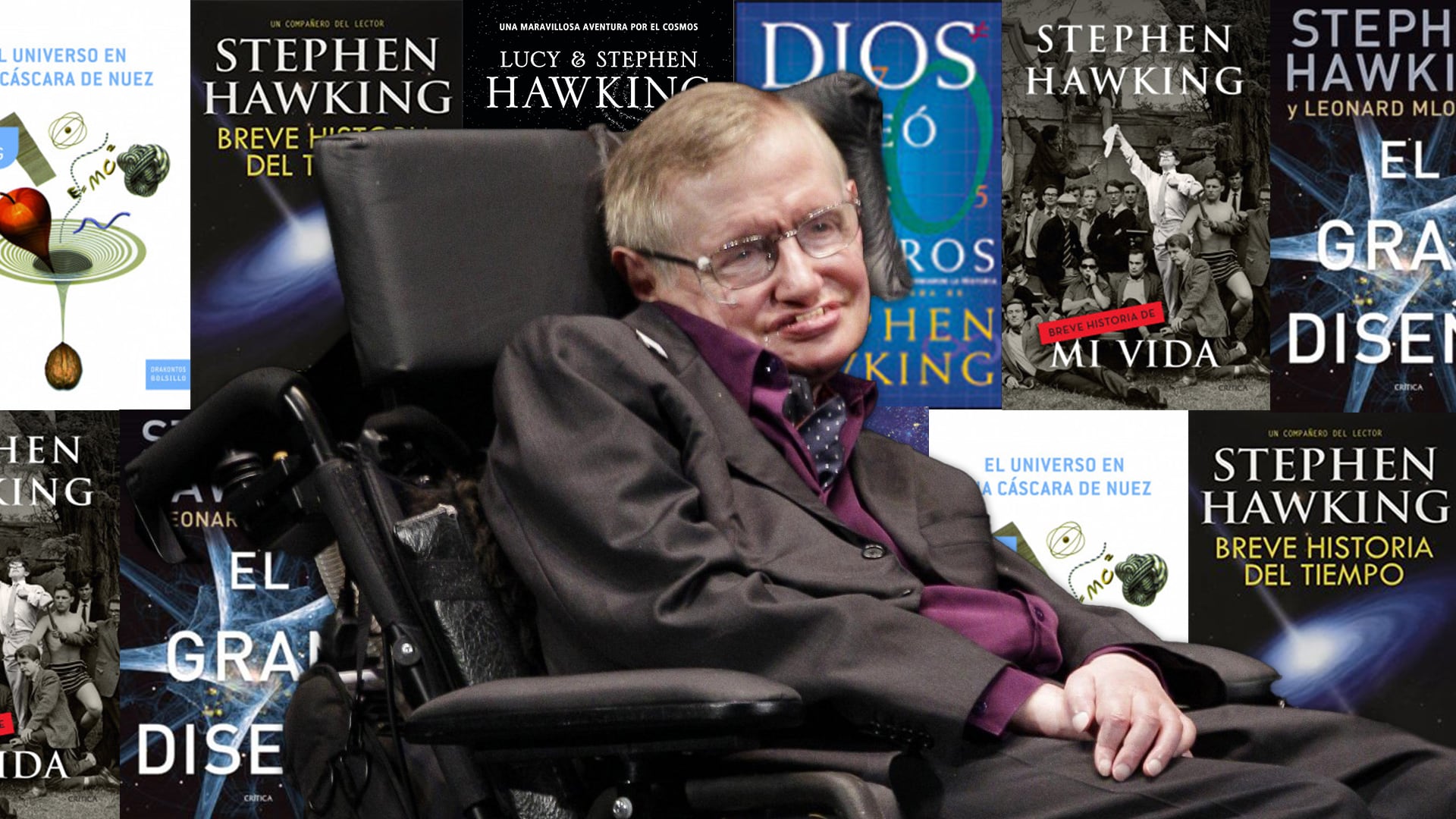 Stephen Hawking y algunos de los libros que escribió durante su vida.